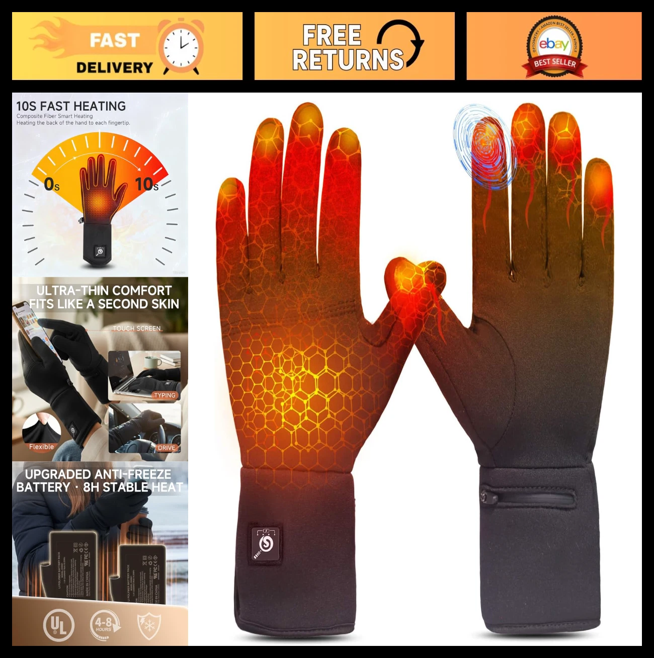 Rechargeable Heated Glove Liners for Men & Women - Thin, Flexible, Long-Lasting