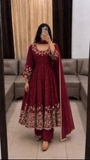 Pakistani Designer Georgette Anarkali Suit Maroon Embroidered Gown Dress Dupatta