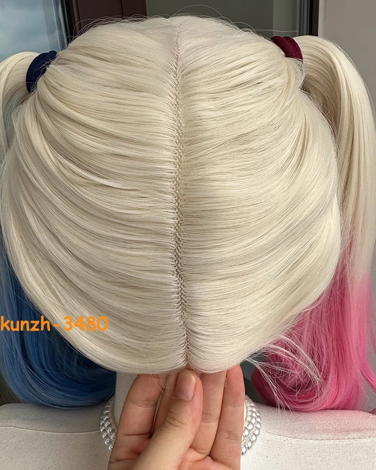 Peluca de disfraces de Halloween Harley Quinn Joker rosa y azul cola de caballo pieza para el cabello hecha a mano Foto 3 de 4