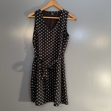 Black Polka Dot Tie Waist Sleeveless Sz M V-Neck Short A-Line Summer Dress