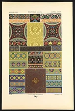 ornamental fresco wall designs Medieval Art 1871 Lithograph Print by Racinet 