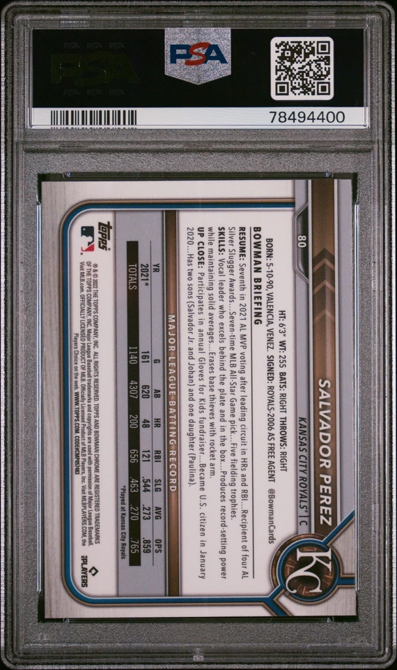 Salvador Perez 2022 Bowman Chrome Sapphire Edition Baseball Card #80 PSA 10 - Image 2 of 2