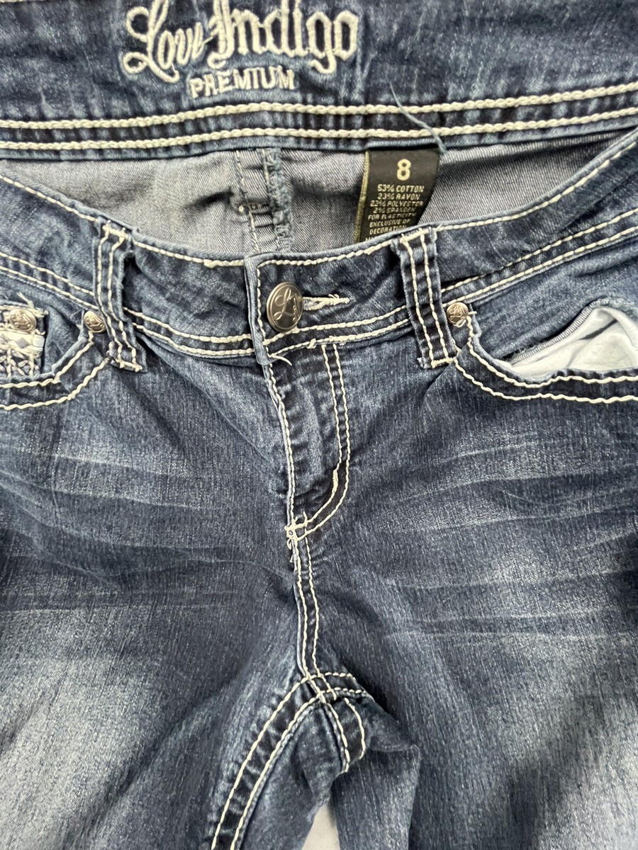 Love Indigo Premium Blue Jeans-Sz. 8 Juniors. Embroidered W Love Indigo Premium Blue Jeans-Sz. 8 Juniors. Embroidered W