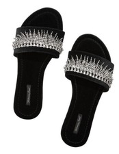 VICTORIA'S SECRET Fringe Rhinestone Slides Slippers Size Small 5-6 Black Velvet