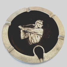 Round Metal Golfer Image Cigar Cigarette Pipe Holder Ash Tray  Large 9 1/2" D