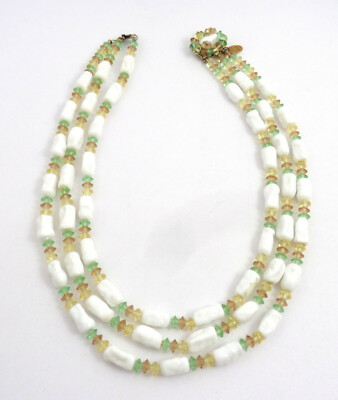 VTG Miriam Haskell 3 Strand Necklace Molded White Glass Beads Yellow Green..
