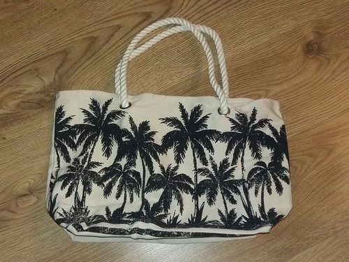 Ivory Black Nautical Palm Print Tote Beach bag Canvas Cotton 13"x11"x5" - Picture 3 of 10