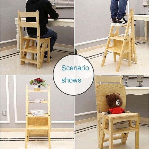 4in1Wooden Folding Library Ladder Chair Multifunctional Step Stool Display Stand - Picture 4 of 12