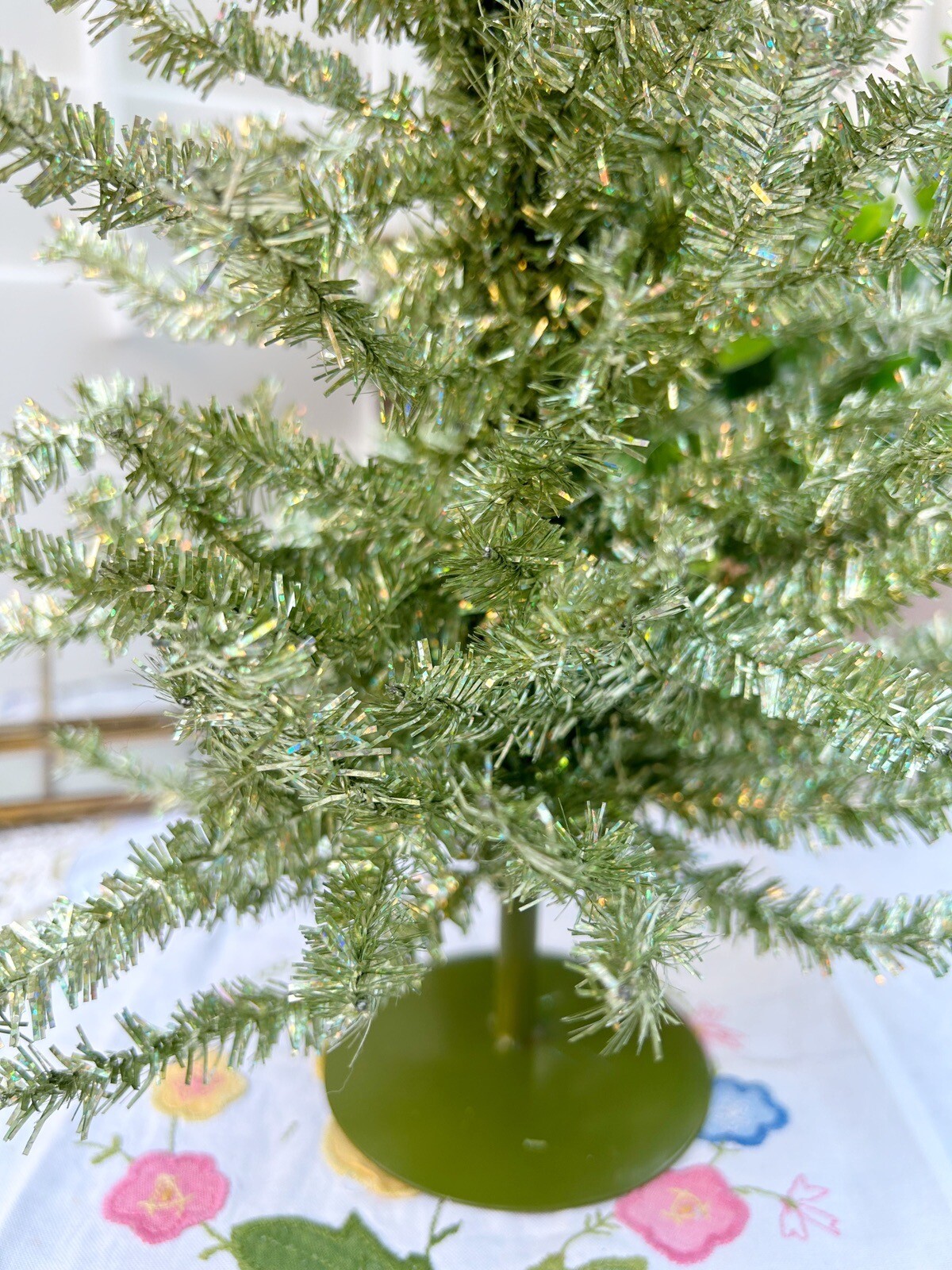Vintage Chartreuse Lime Green Tinsel Aluminum Tabletop Christmas Tree