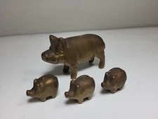 Vintage Brass Pig and 3 Piglets Figures Figurines Farm Animals Pigs Decor