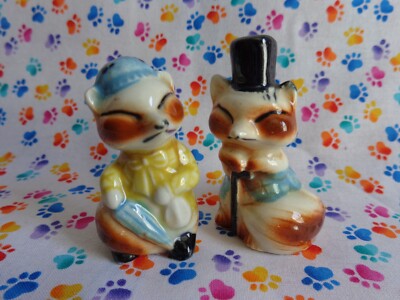 VTG Salt & Pepper Shaker Set Anthropomorphic Fox Couple Mr & Mrs Fox Retro Japan