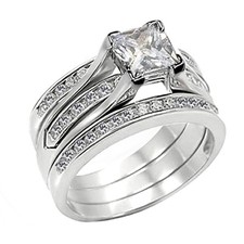 Solid Sterling Silver CZ Princess Cut Women's Wedding Engagement Bridal Ring Set