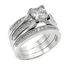 Solid Sterling Silver CZ Princess Cut Women's Wedding Engagement Bridal Ring Set