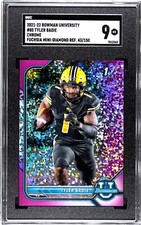 2021-22 Bowman University Tyler Badie FUCHSIA Mini DIAMOND REFRACTOR /150 SGC 9