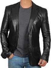 Mens Classic Black Sheepskin Dress Coat Real Leather Blazer Sport Coat Jacket