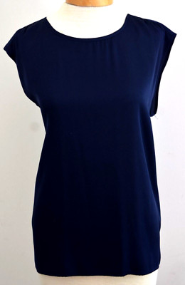 REPEAT Navy Silk Round Neck Side Slit Pleated Blouse Size 42/L