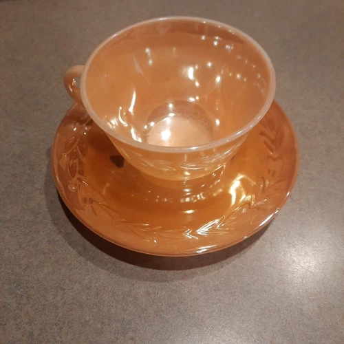 VINTAGE Fire King Peach Laurel Leaf Luster Ware Cup & Saucer set anchor Hocking