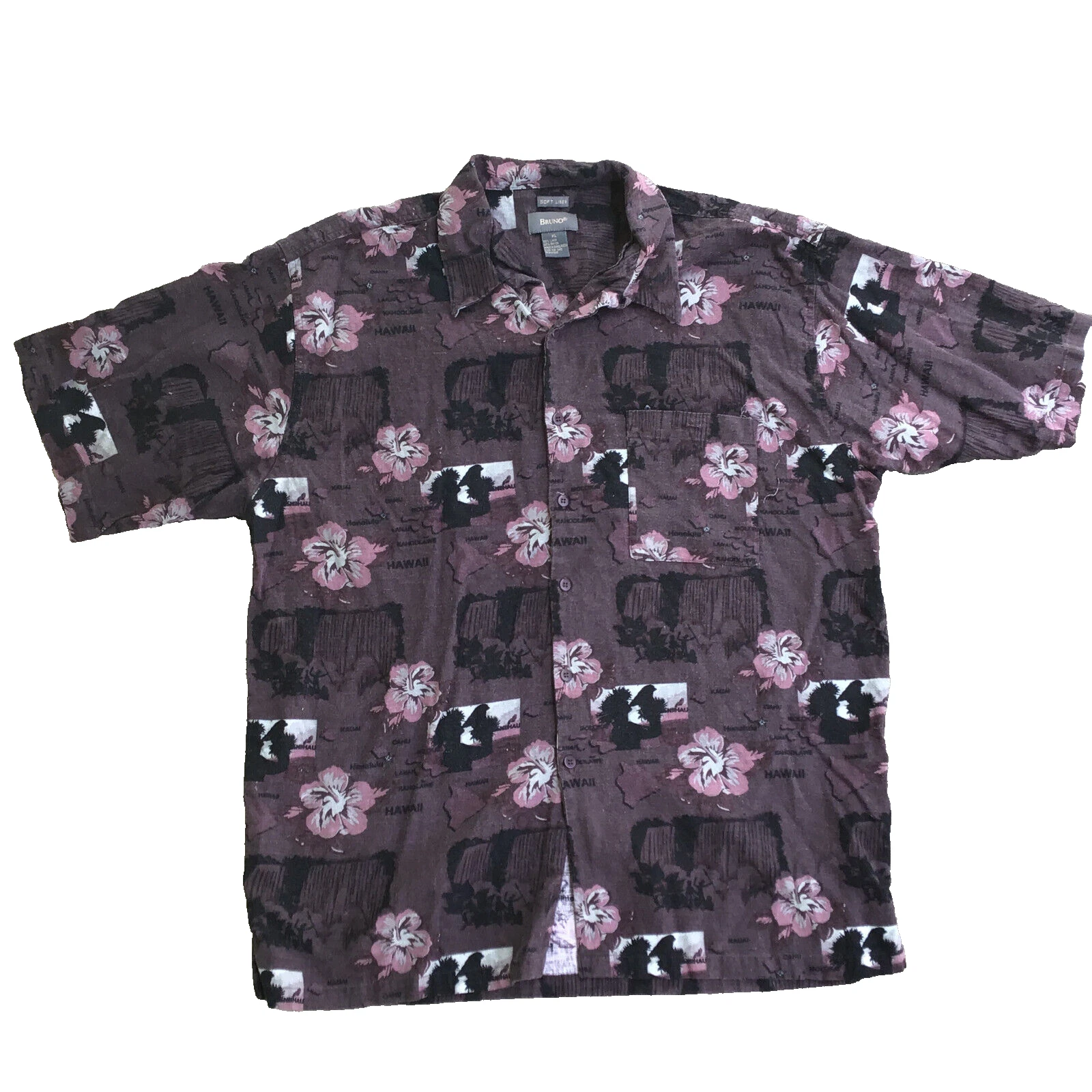 Bruno Men XL Linen Rayon Hawaiian Short Sleeve Shirt Purple Floral Tropical