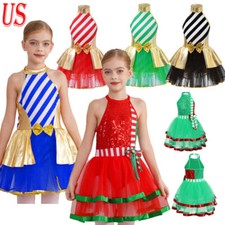 Girls Sequined Striped Dancing Skirt Bow Christmas Dance Party Dress Leotard