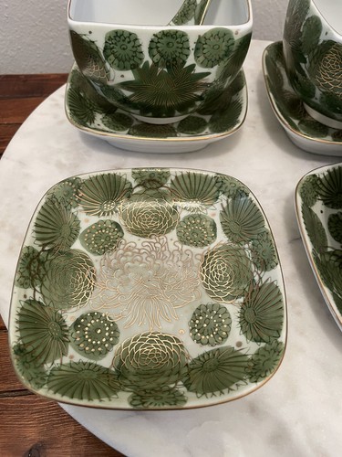 Fujita Kutani Japan Vintage 12 Piece Soup Bowl Saucer Spoon Set Green/Gold - Picture 12 of 12