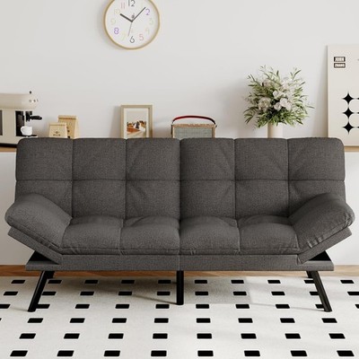 Convertible Grey Linen Futon Sofa Bed with Memory Foam & Adjustable Backrest