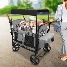 Folding Baby Stroller Wagon Cart For 4 Kids Face To Face High Seat With Canopy