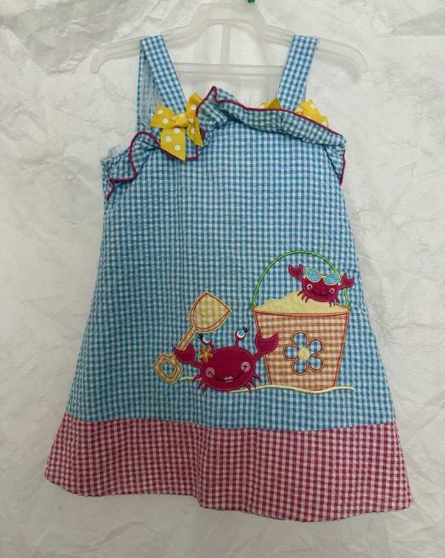 Goodlad Girls 3T Blue Red Gingham Seersucker Crab Beach Sundress Bow