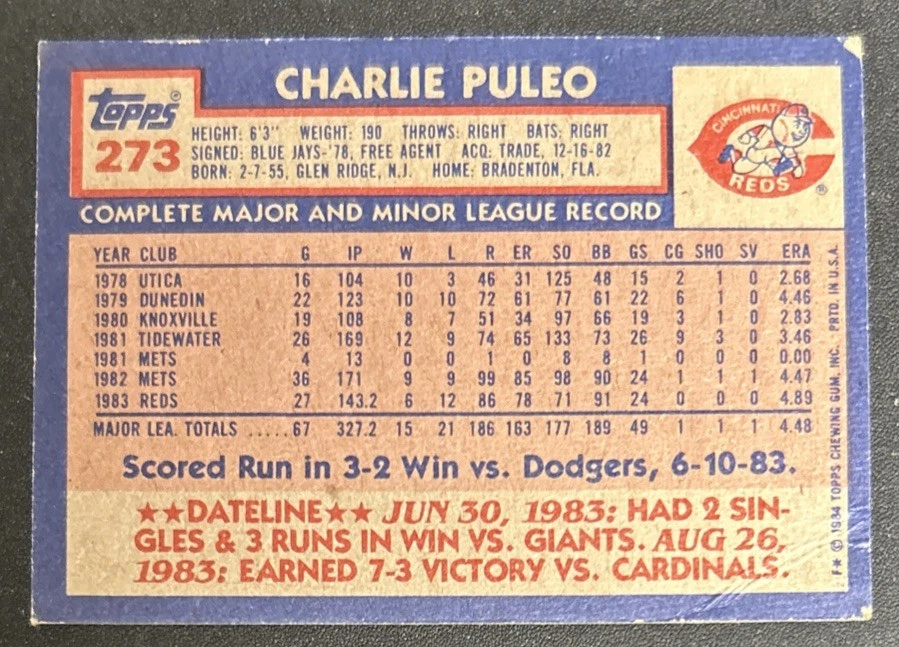 1984 Topps Charlie Puleo Baseball Card #273 Reds Pitcher Poor Creased O/C - Image 4 of 4
