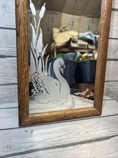 Wood Framed Mirror Etching Swan Goose Cattail Water 21.5x9.5 Cottage