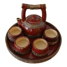 Pier 1 Shanghai Set Tea Pot 4 Cups Tray Deep Red Brown Rustic Earthenware-NEW