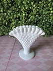Vintage Fenton White Milk Glass Hobnail Pedestal Fan Vase Ruffled Crimped Edge