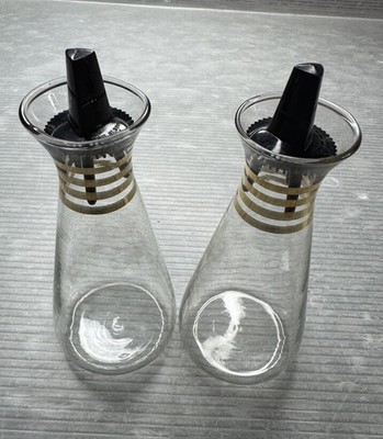 vintage PYREX MCM Glass Oil & Vinegar Dispenser LOT/2 Gold Rings Black Lid