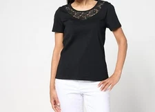 Isaac Mizrahi Med Black Short Sleeve Cotton Top Floral Lace Detail A691736 NWOT
