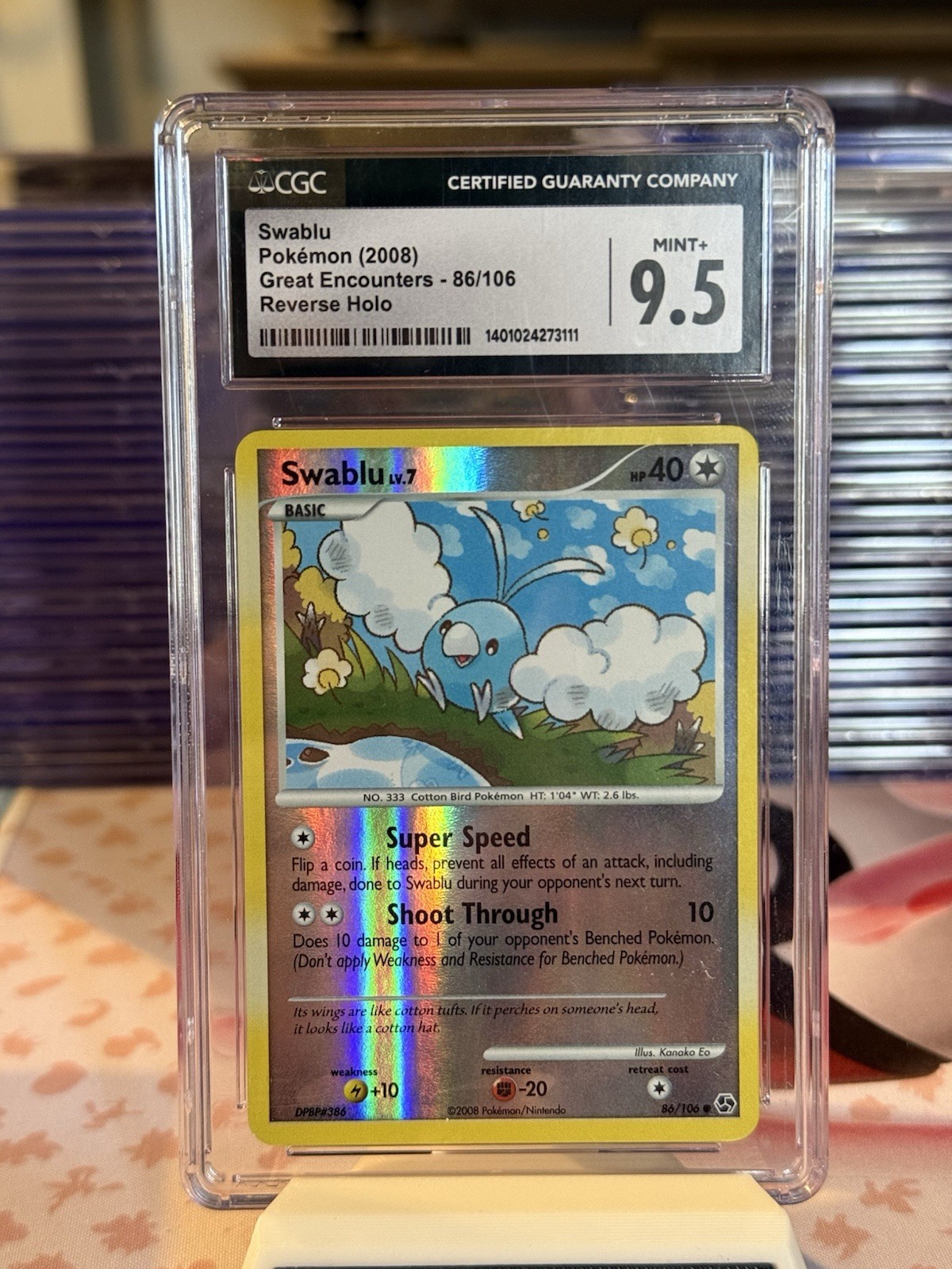 Pokemon Card Swablu Rev Holo CGC 9.5 Mint, Great Encounters 86/106, 2008