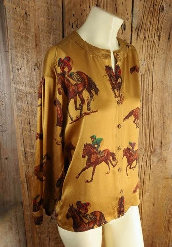Vintage Escada Equestrian Rider & Horses Pattern Silk Blouse Size 38