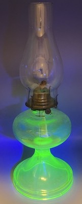 Vintage 17  Uranium Glass Oil Lamp w/ Chimney  UV Glow