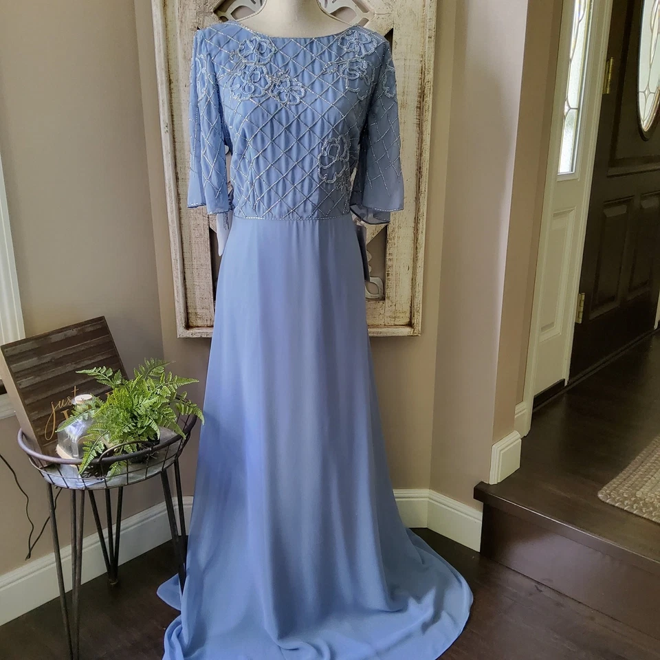 JS Collections Lauren A-Line Gown Short Flutter Sleeves Floral Beaded Motifs - Image 2 of 4