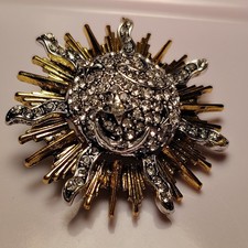 Sunburst Celestial Brooch Pin Gold  Silver Tone White Crystal Rhinestone Pav 