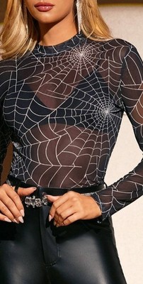 Women's Spider Web Sheer Casual Blouse -Stand Collar Long Sleeve NEW Large
