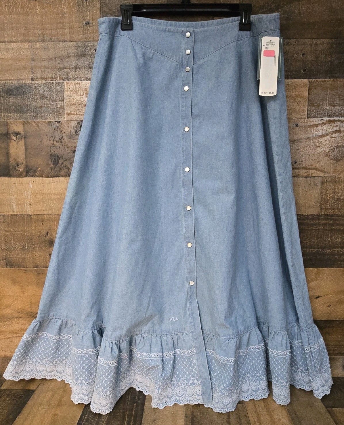 NWT VTG  Ralph Lauren Jeans Co Tiered Pearl Snap Chambray Maxi Skirt Sz 16 Logo