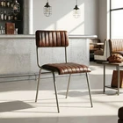 Iron Industrial Genuine Ribbed Brown Real Leather Metal Vintage Dining Chair
