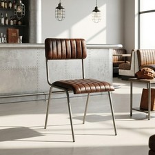 Sedia da pranzo vintage vintage a costine in vera pelle metallo ferro industriale