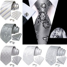 Men Silver Tie 3 Pieces Necktie Pocket Square Cufflinks Multicol Wedding Party