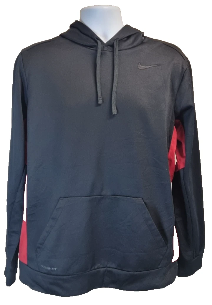 Nike Hoodie Men's Large Black & Red Therma Fit Drawstring Long Sleeve Activewear