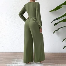 Women’s Elegant V-Neck Belted Long Sleeve Wide Leg Jumpsuit
