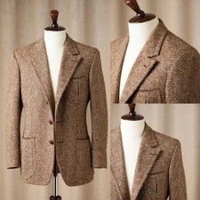 Men Vintage Tweed Suit Jacket Herringbone Pattern Office Business Casual Weekend