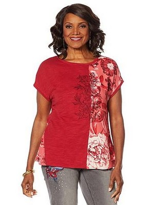 DG2 Diane Gilman Wine Red Mixed Media Embroidered Tee Front Seam New Knit Top