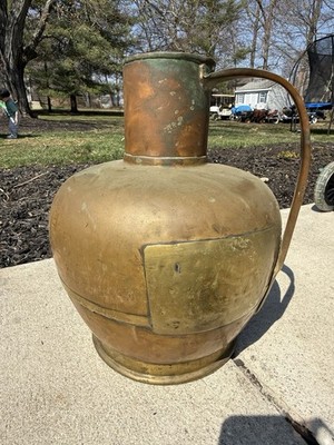 Antique Brass Copper Jug, 16'' Tall, 4'' Diameter, Round, Bronze Finish