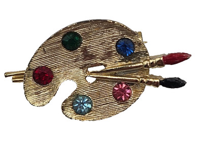 Vintage Artist Paint Palette Brooch Pin Gold Tone Multi Colored Rhinestones