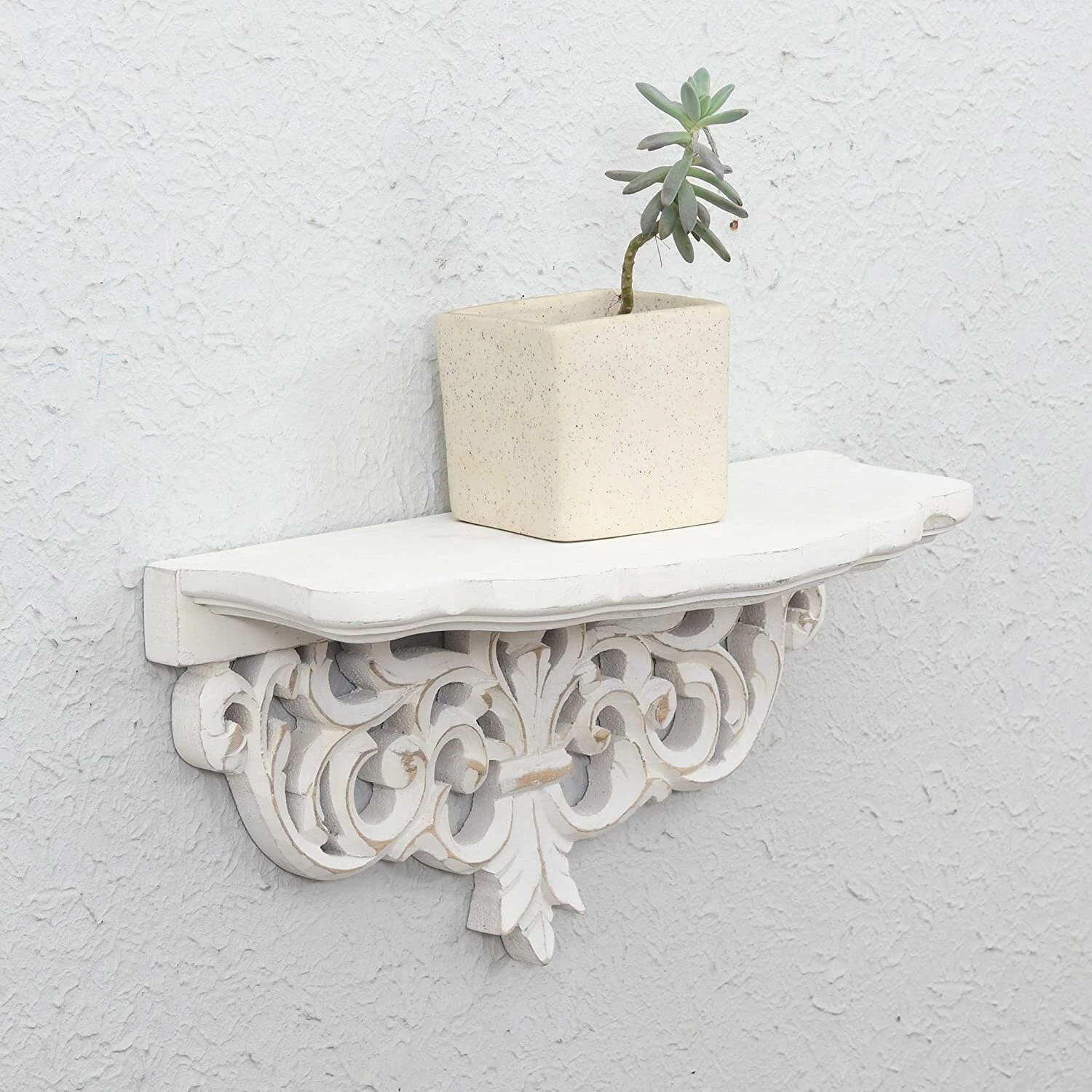 Hand Carved and Painted Solid Wood Flower Design Wall Mounted Floating Shelf